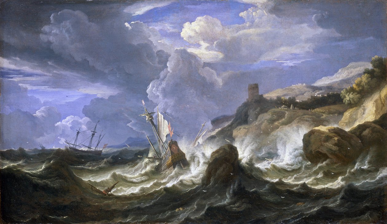 Wrak statku podczas sztormu w pobliżu skalistego wybrzeża. Olej na płótnie, połowa XVII wieku, autor: Pieter Mulier II Młodszy (lub Pietro Mulieribus lub Pietro Cavaliere Tempesta) (1637-1701). autorstwa Pieter the Younger (1637 1701) Mulier