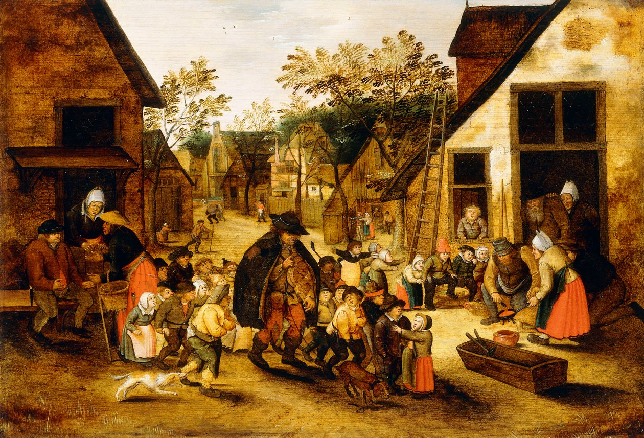 Niewidomy gracz liry korbowej otoczony przez dzieci w wiosce, ok. 1610 autorstwa Pieter Brueghel the Younger