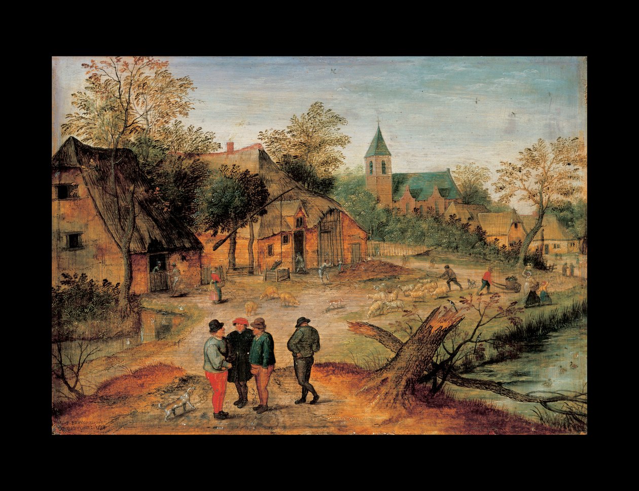 Krajobraz wsi z rolnikami rozmawiającymi na pierwszym planie, 1634 autorstwa Pieter Brueghel the Younger