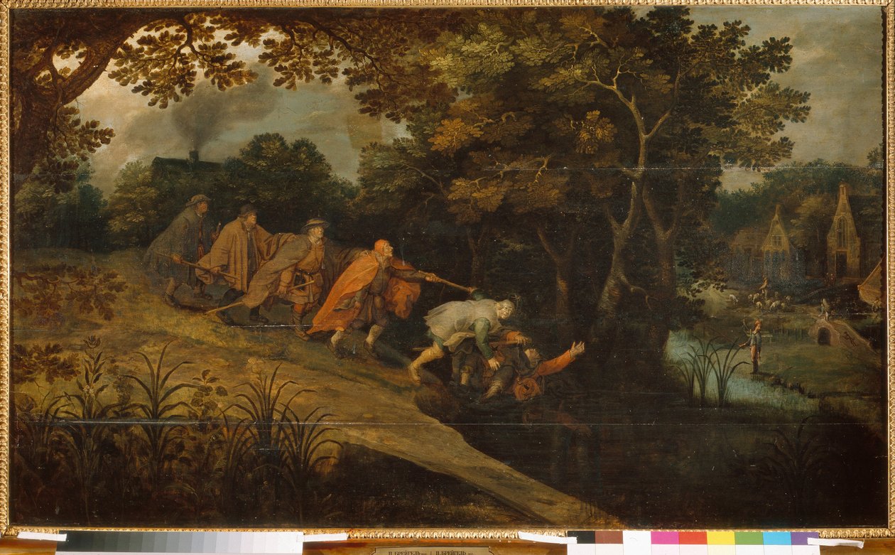 Niewidomy prowadzi niewidomego. Malarstwo Pietera Bruegla mówiło młody (lub Pierre Breugel lub Peter Bruegel lub Breughel) (około 1564-1638), olej na drewnie. prymitywna sztuka flamandzka autorstwa Pieter the Younger Brueghel