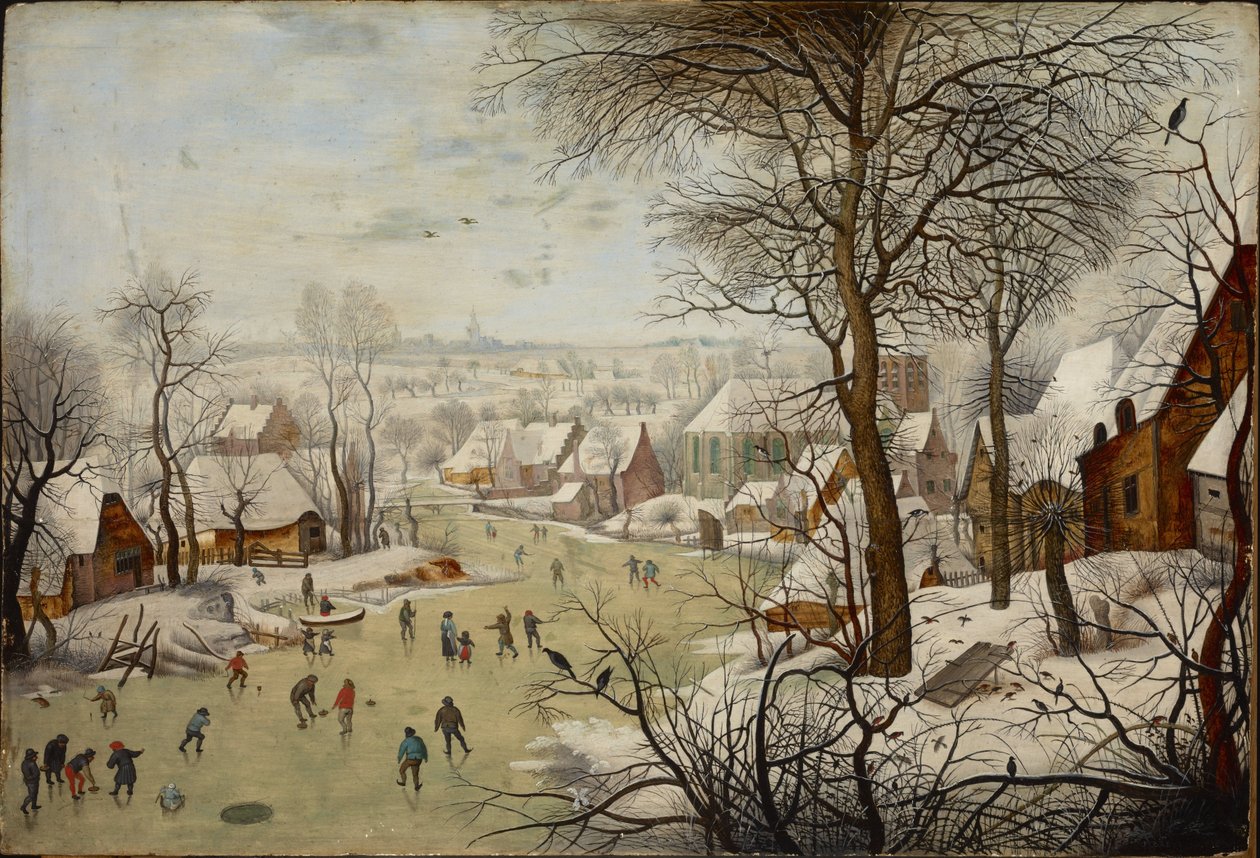 Pejzaż zimowy z pułapką na ptaki - Pejzaż zimowy z pułapką na ptaki, autorstwa Brueghela, Pietera, młodszego (1564-1638). olej na drewnie autorstwa Pieter the Younger Brueghel