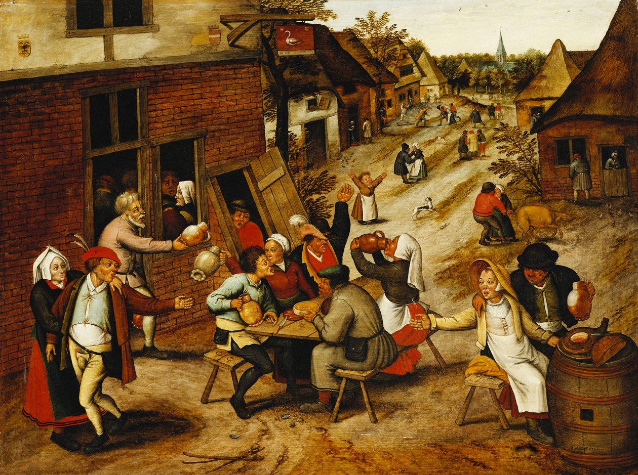 Chłopi weseli się na zewnątrz gospody łabędziej na wiejskiej ulicy, 1630 autorstwa Pieter Brueghel the Younger