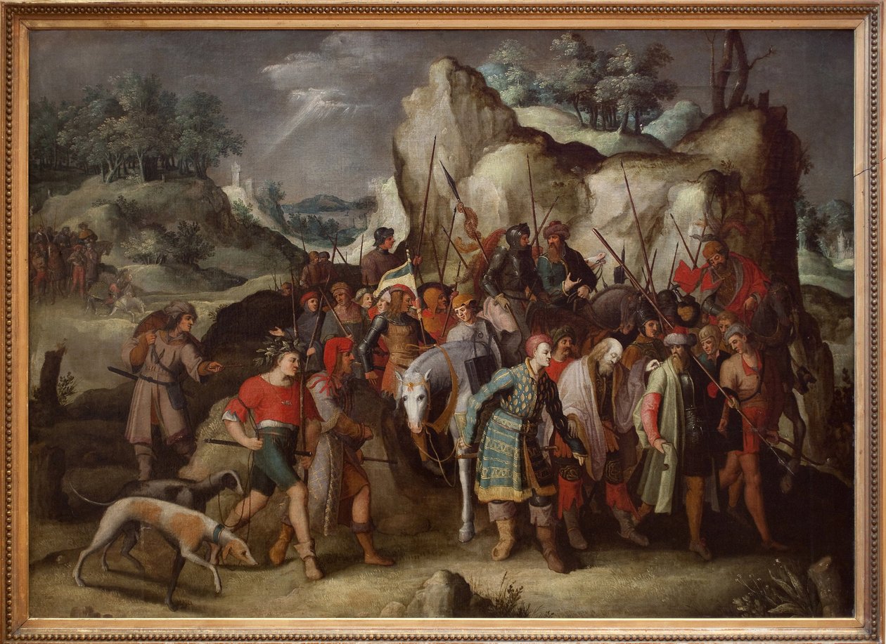 Św. Paweł po swoim nawróceniu prowadzi do Damaszku (Syria). Ten obraz, bezpośrednio z ryciny Lucasa de Leiden (1509), przedstawia epizod po upadku konia Saula de Tarsus, który po przebyciu tarasu stanie się świętym Pawłem. autorstwa Pieter the Younger Brueghel
