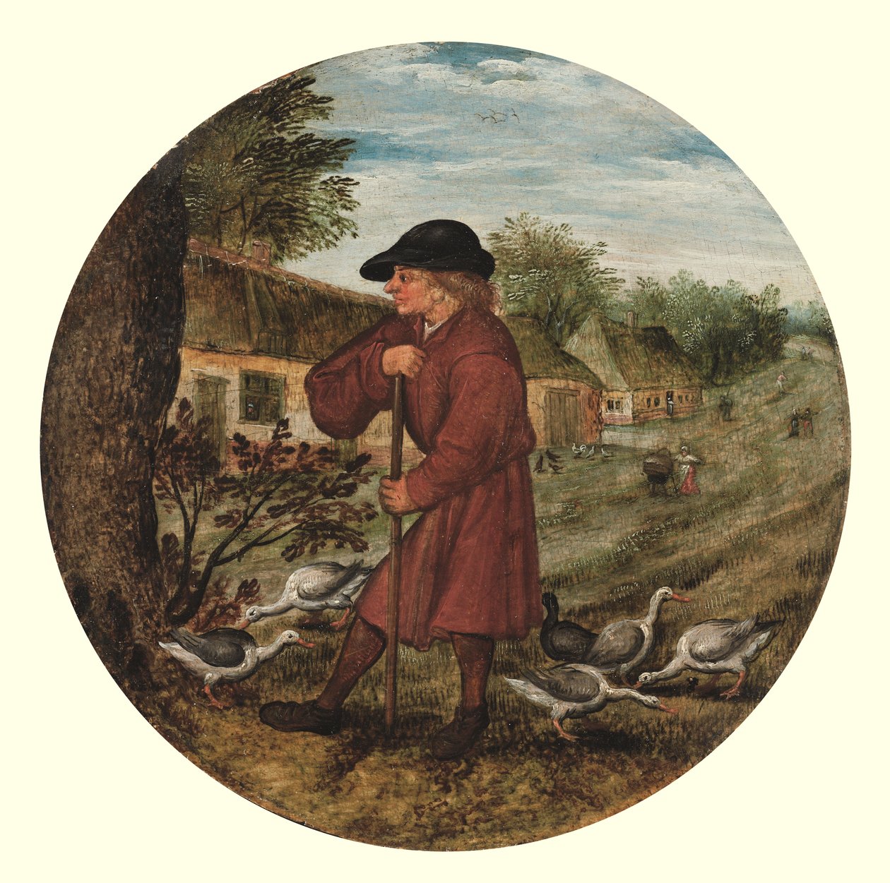 Pasterz gęsi, czyli „Kto wie, dlaczego gęsi chodzą boso?” (olej na panelu) autorstwa Pieter the Younger Brueghel