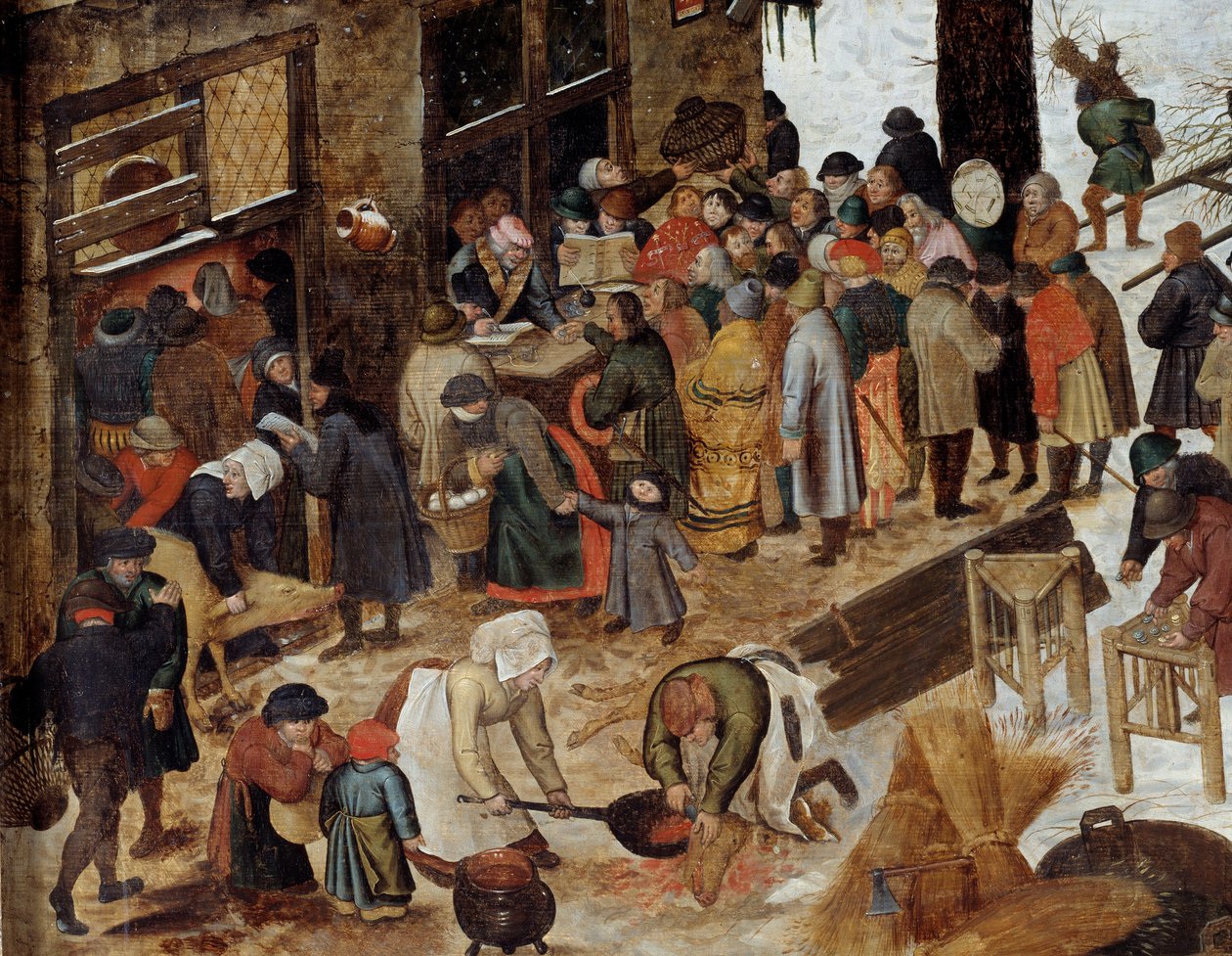 Zapłata grosza lub Deombrement ma Bethlehem Detail. Obraz Pietera le Jeune dit Bruegel d