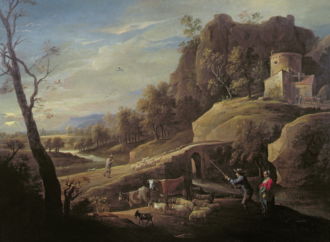 Krajobraz z rolnikami opiekującymi się zwierzętami autorstwa Pieter the Younger Mulier