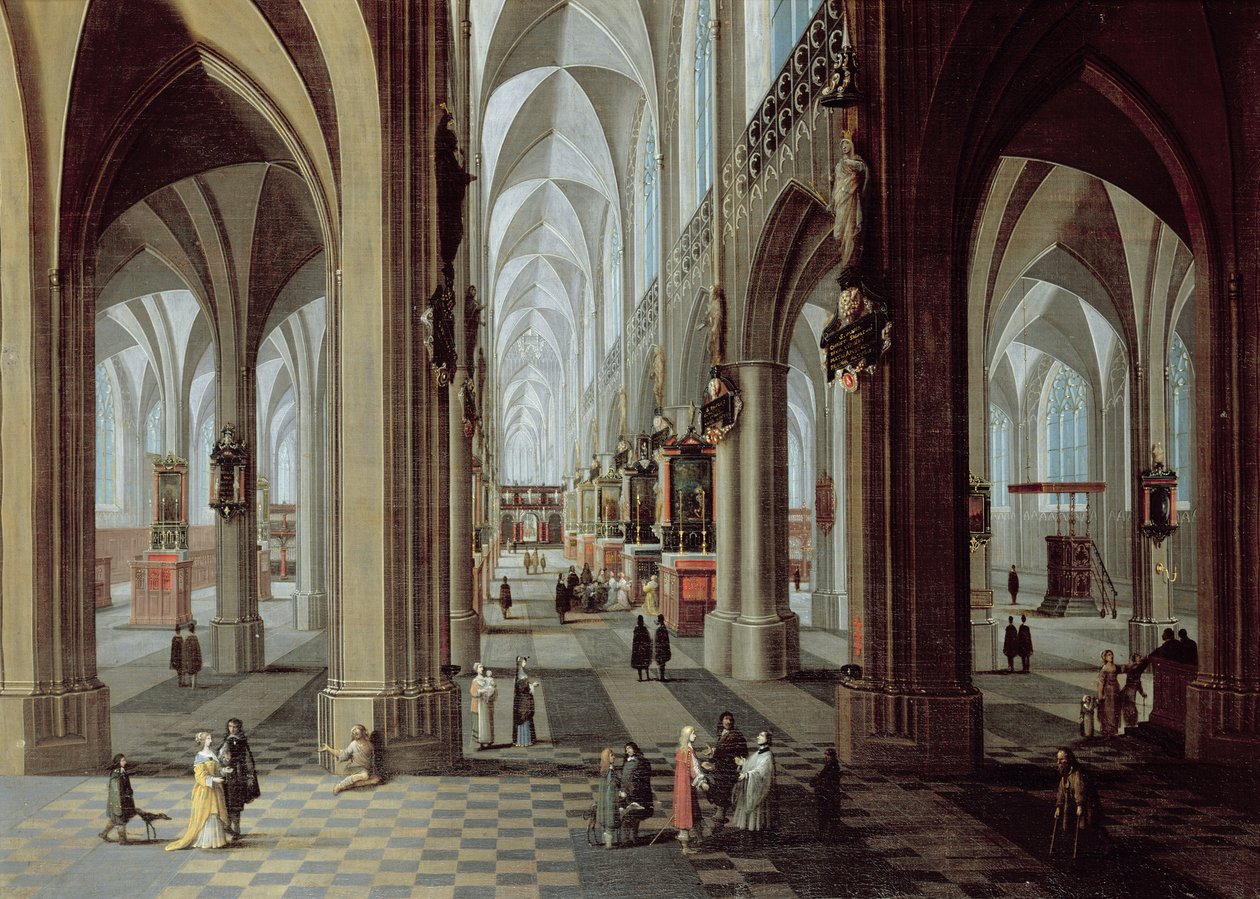 Wnętrze katedry w Antwerpii (olej na płótnie) autorstwa Pieter the Younger Neeffs