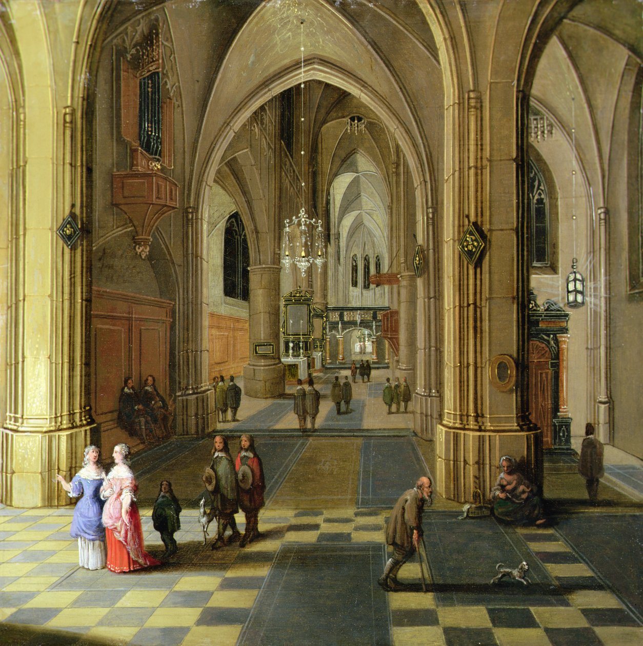 Wnętrze gotyckiej katedry z dwiema rozmawiającymi kobietami autorstwa Pieter the Younger Neeffs