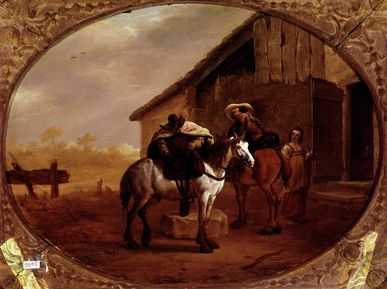 Wyjazd z hotelu Dwóch jeźdźców jedzie na koniach po postoju w karczmie. Obraz Pietera Van Laera dit Bamboccio (BAmboche ou Bamboots) (1592/5-1642) (ec.holl.) XVII w. Niedz. 32x43 cm Paryż, musee du Louvre - Wyjazd z gospody, autor: Piet autorstwa Pieter van Laar