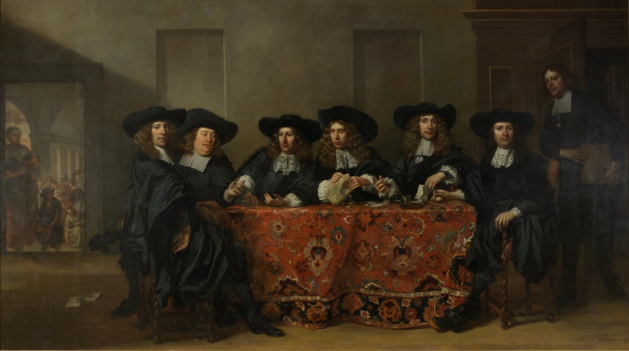 Sześciu Regentów i Gospodarz Domu Oude Zijds Instytutu Pomocy Ubogim na świeżym powietrzu, Amsterdam, 1675 autorstwa Pieter van Anraedt
