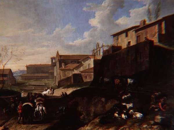 Widok Capriccio z kościołami, domkami i podróżnikami (olej) autorstwa Pieter van Bloemen