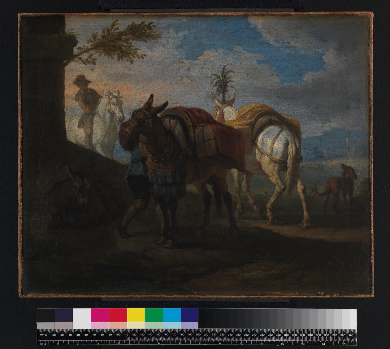 Muły zatrzymują się przy drodze, przed 1720 autorstwa Pieter van Bloemen