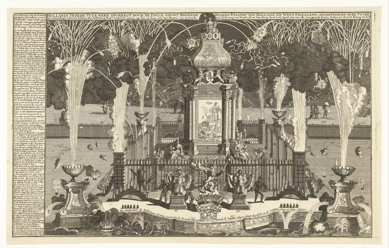 Fajerwerki na cześć pokoju w Utrechcie, 1713 Holenderskie fajerwerki pokojowe wzniesione przez Noble Groot Mogende Heeren w Holandii i Zachodniej Fryzji, wystrzeliwane w rzece do Hagi (...) (tytuł na obiekcie) autorstwa Pieter van Buysen jr.
