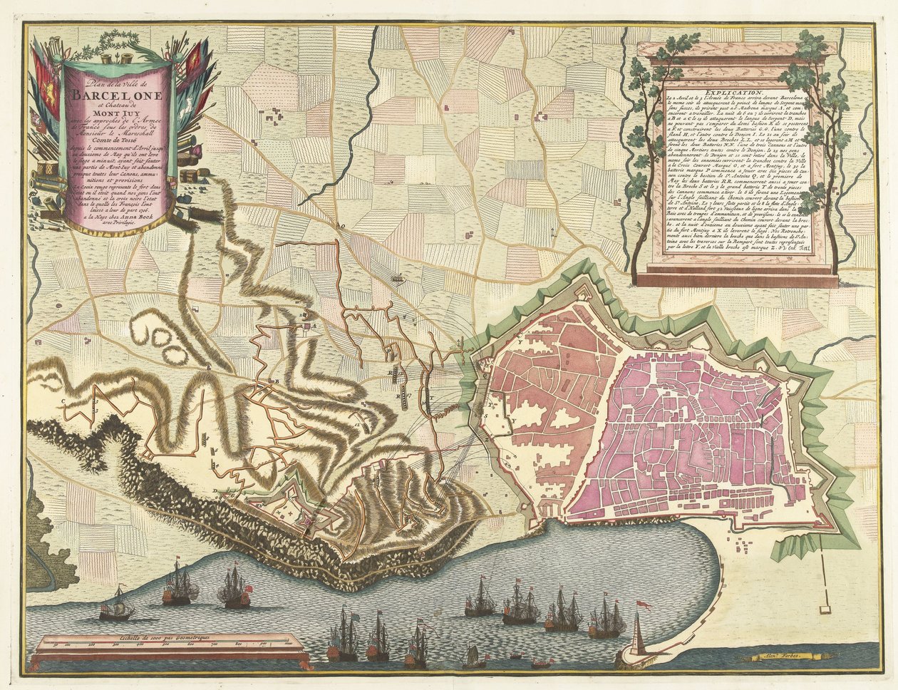 Kaart van het beleg van Barcelona, ​​​​1706 Mapa miasta Barcelona i Chateau de Mont Juy z najazdami Armii Francuskiej (...) (tytuł na obiekcie) autorstwa Pieter van Call (II)