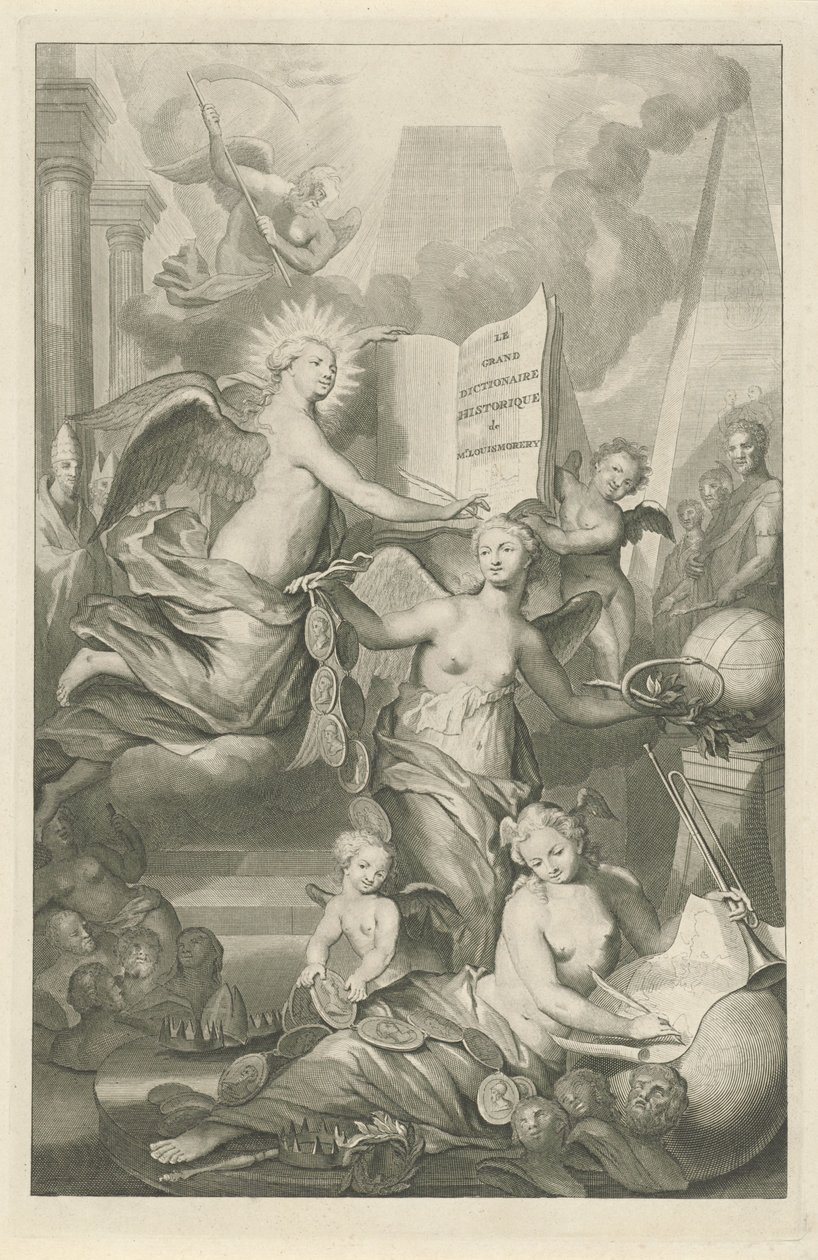 Sława, wieczność i sztuka pisania Strona tytułowa Louisa Moréri, Le grand dictionaire historique, 1731 autorstwa Pieter van Gunst