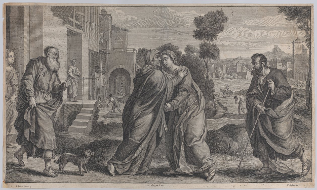 Nawiedzenie, Św. Elżbieta obejmująca Dziewicę w centrum, gdy Św. 1656-60 autorstwa Pieter van Lisebetten