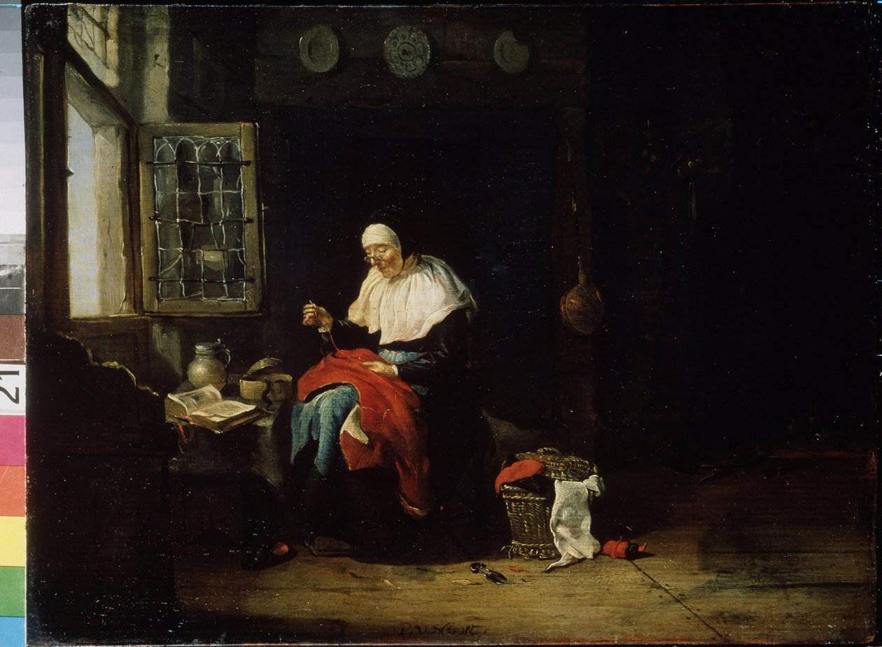 Robótki. Stara kobieta przed oknem kosztuje czerwoną szmatkę. Ona nosi okulary. Obraz Pietera Van Noorta (1602- po 1662) autorstwa Pieter van Noort