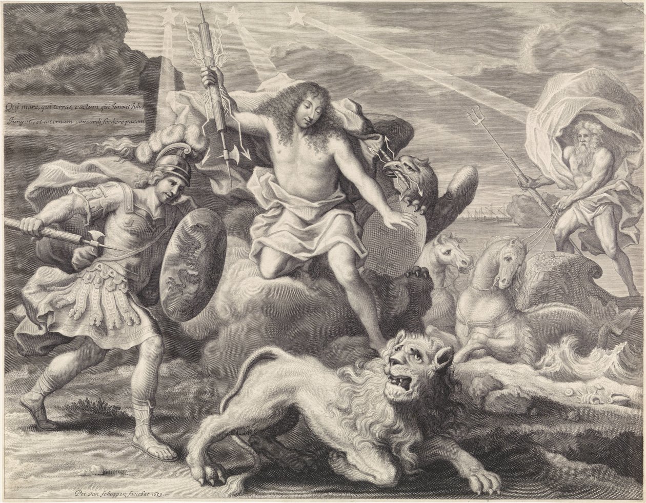Rycina promocyjna z alegorycznym przedstawieniem Ludwika XIV jako Jowisza, 1659 autorstwa Pieter van Schuppen