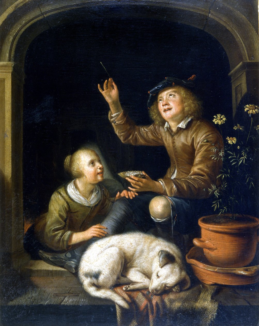 Bańka mydlana. Obraz Pietera Cornélisza van Slingelandta (1625-1691). Mediolan Museo del Castello. autorstwa Pieter van Slingelandt