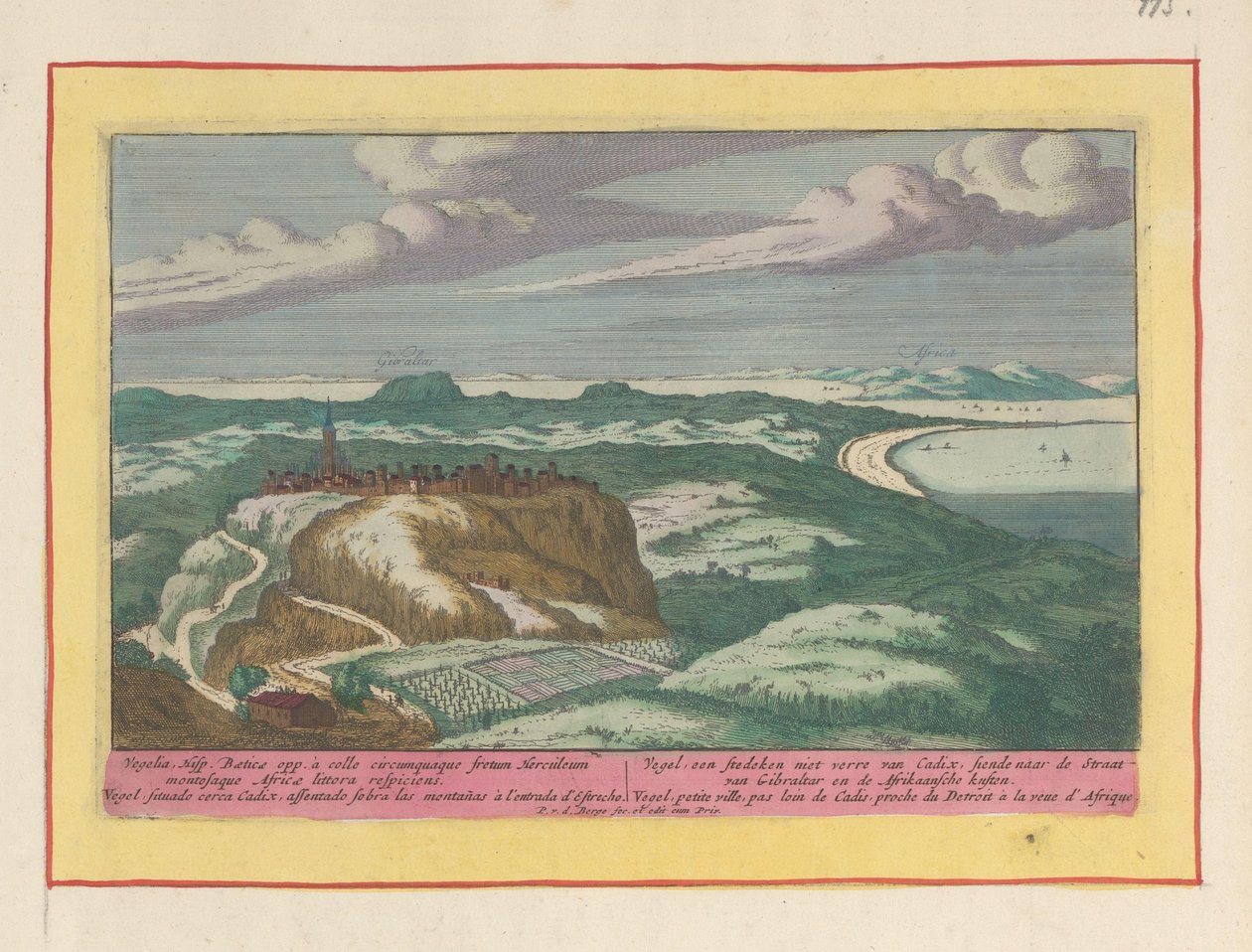 Widok Vejer de la Frontera Vegel, Cytadela niedaleko Cadix, spoglądała na Cieśninę Gibraltarską i wybrzeża Afryki (tytuł na obiekcie) Theatrum Hispaniae (...) (tytuł serialu) autorstwa Pieter van den Berge
