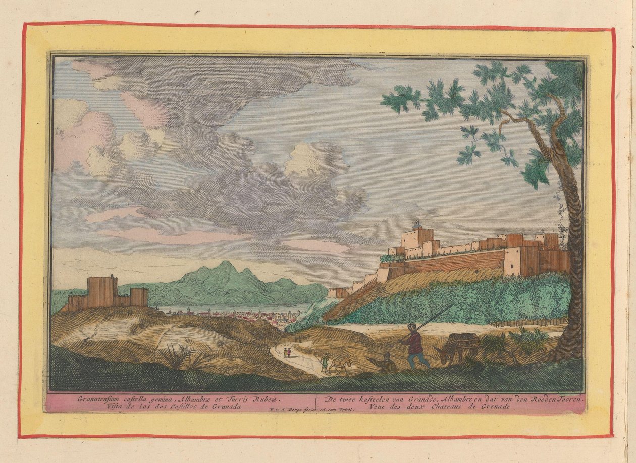 Widok na budynki Alhambry w Granadzie Dwa zamki Granade, Alhambre i den Rooden Tooren (tytuł na obiekcie) Theatrum Hispaniae (...) (tytuł serialu) autorstwa Pieter van den Berge