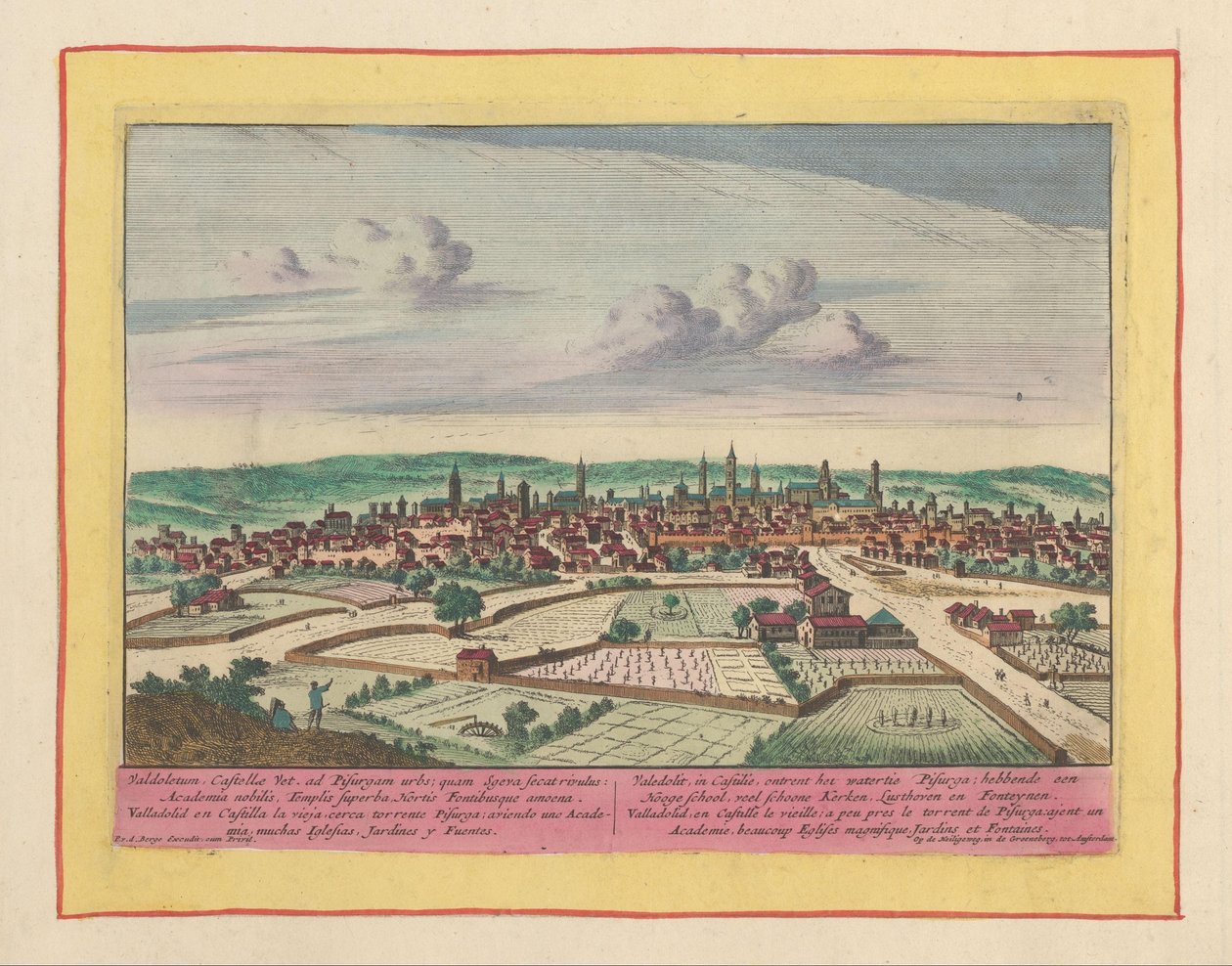 Widok na miasto Valladolid Valedolit w Kastylii pochodzi z wody Pisurga; posiadanie liceum, wiele pięknych kościołów, Lusthoven i Fonteynen (tytuł na obiekcie) Theatrum Hispaniae (...) (tytuł serialu) autorstwa Pieter van den Berge
