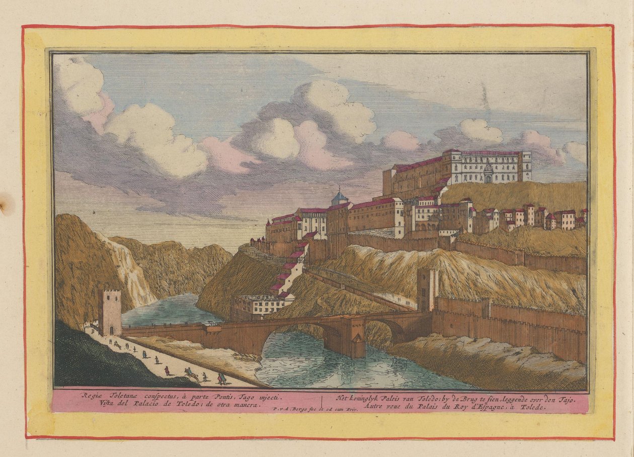 Widok na Alcazar de Toledo Pałac Królewski w Toledo; przy moście leżącym nad Tajo (tytuł na obiekcie) Theatrum Hispaniae (...) (tytuł serialu) autorstwa Pieter van den Berge