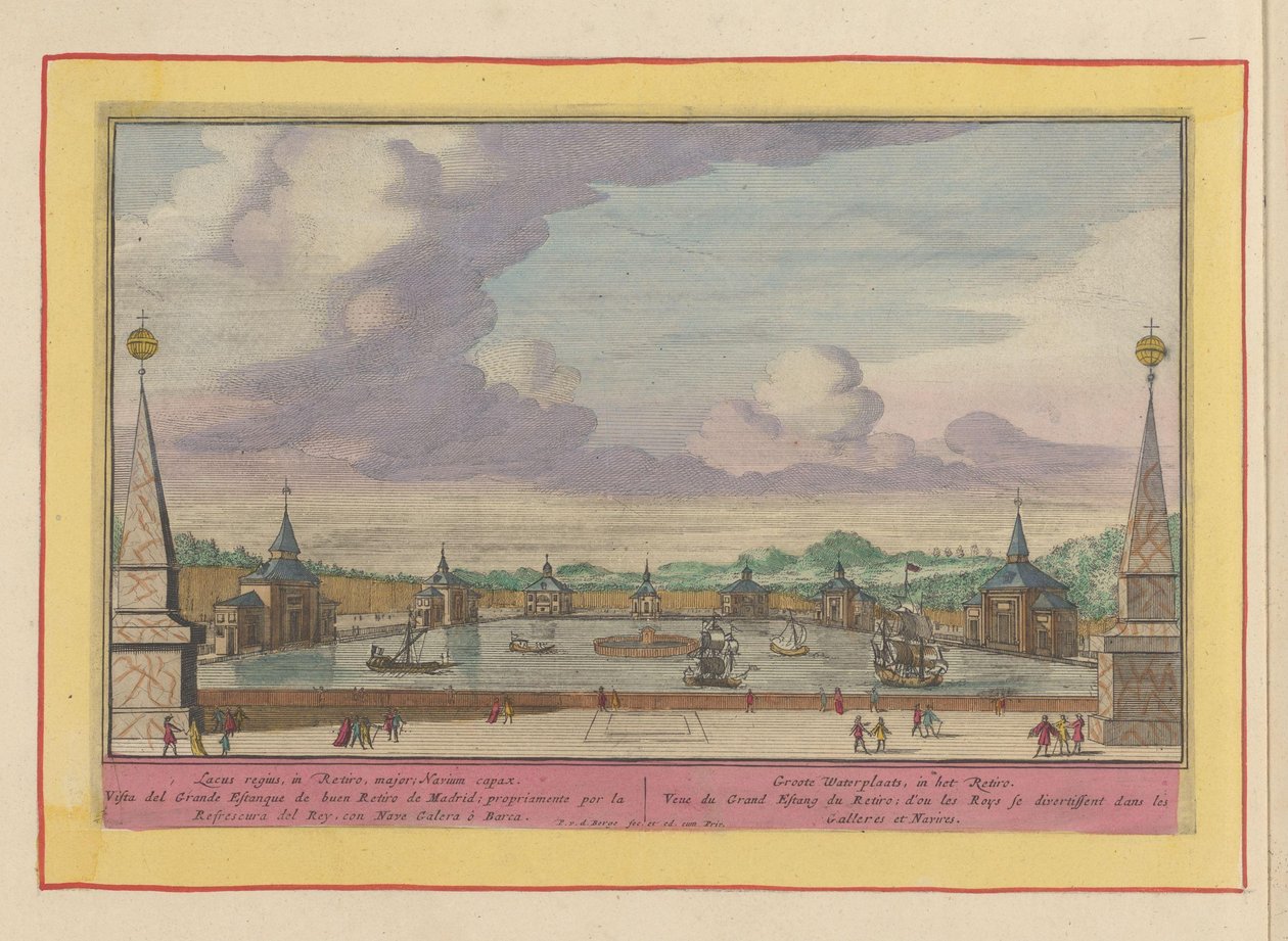 Duży staw ze statkami w ogrodach Palacio del Buen Retiro w Madrycie Groote Waterplaats, w Retiro (tytuł na obiekcie) Theatrum Hispaniae (...) (tytuł serialu) autorstwa Pieter van den Berge