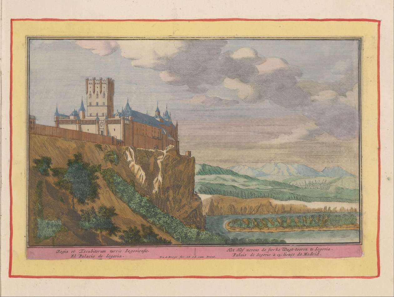 Kasteel van Segovia Het Hof nevens de sterke Wagt-tooren te Segovia / Regia et Excubitorum turris Segovia (tytuł na obiekcie) Teatr Hiszpanii (...) (tytuł serialu) autorstwa Pieter van den Berge