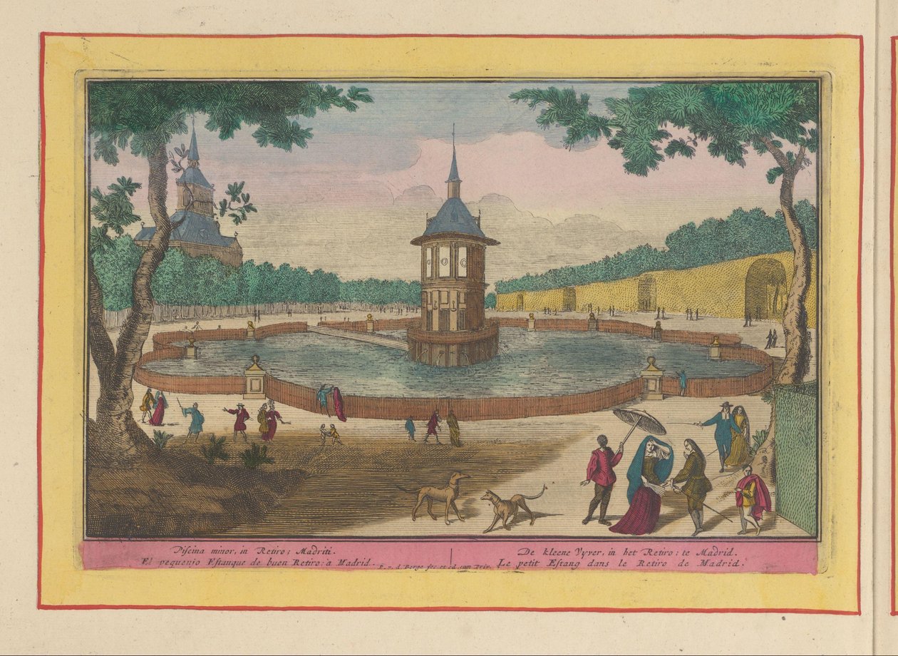 Mały staw w ogrodach Palacio del Buen Retiro w Madrycie Kleene Vyver w Retiro; w Madrycie (tytuł na obiekcie) Theatrum Hispaniae (...) (tytuł serialu) autorstwa Pieter van den Berge