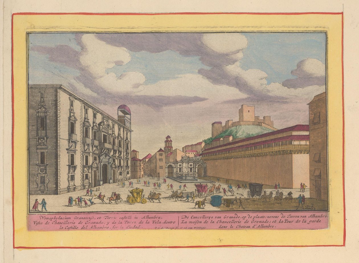Kancelaria Królewska lub Real Chancillería w Granadzie The Cancellerye of Granade, na stronie; obok Wieży Alhambre (tytuł na obiekcie) Theatrum Hispaniae (...) (tytuł serialu) autorstwa Pieter van den Berge
