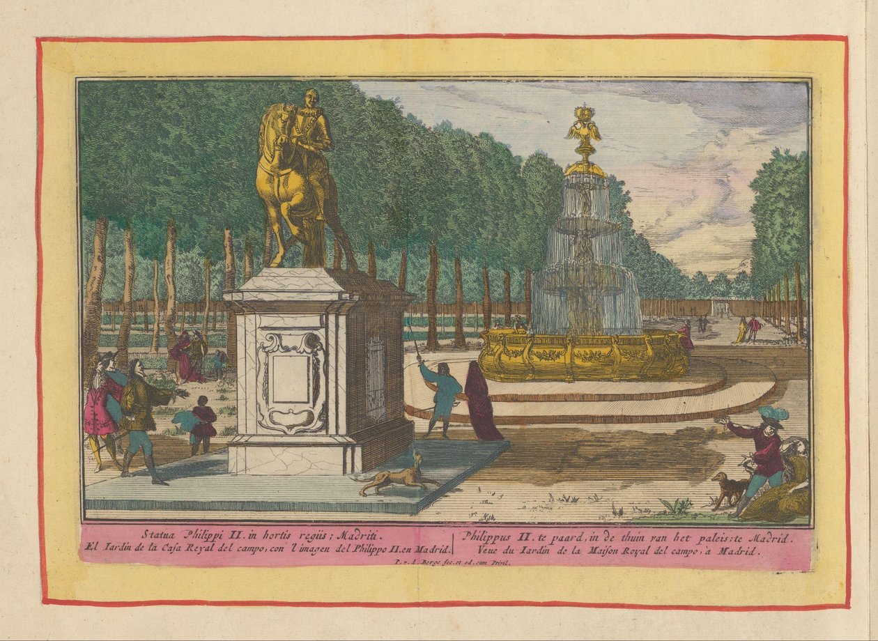 Pomnik konny Filipa II w ogrodzie pałacowym w Madrycie Filip II na koniu, w Ogrodzie Pałacu w Madrycie (tytuł na obiekcie) Theatrum Hispaniae (...) (tytuł serialu) autorstwa Pieter van den Berge