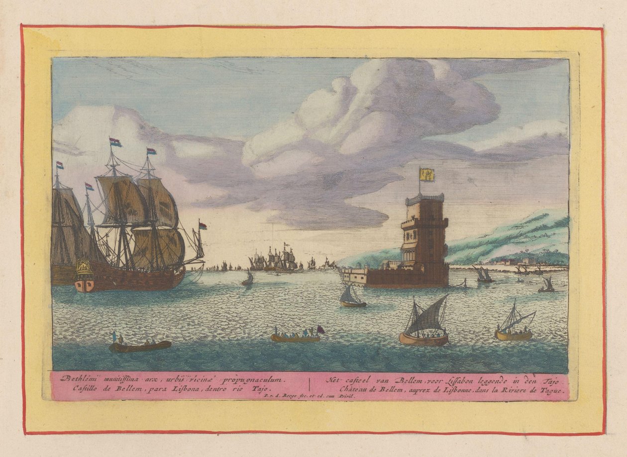 Wieża Belém położona nad rzeką Tagus Zamek Bellem, leżący przed Lizboną w Tajo (tytuł na obiekcie) Theatrum Hispaniae (...) (tytuł serialu) autorstwa Pieter van den Berge