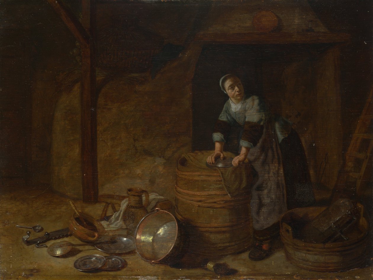 Kobieta czyszcząca garnek, c. 1650-1660 autorstwa Pieter van den Bosch