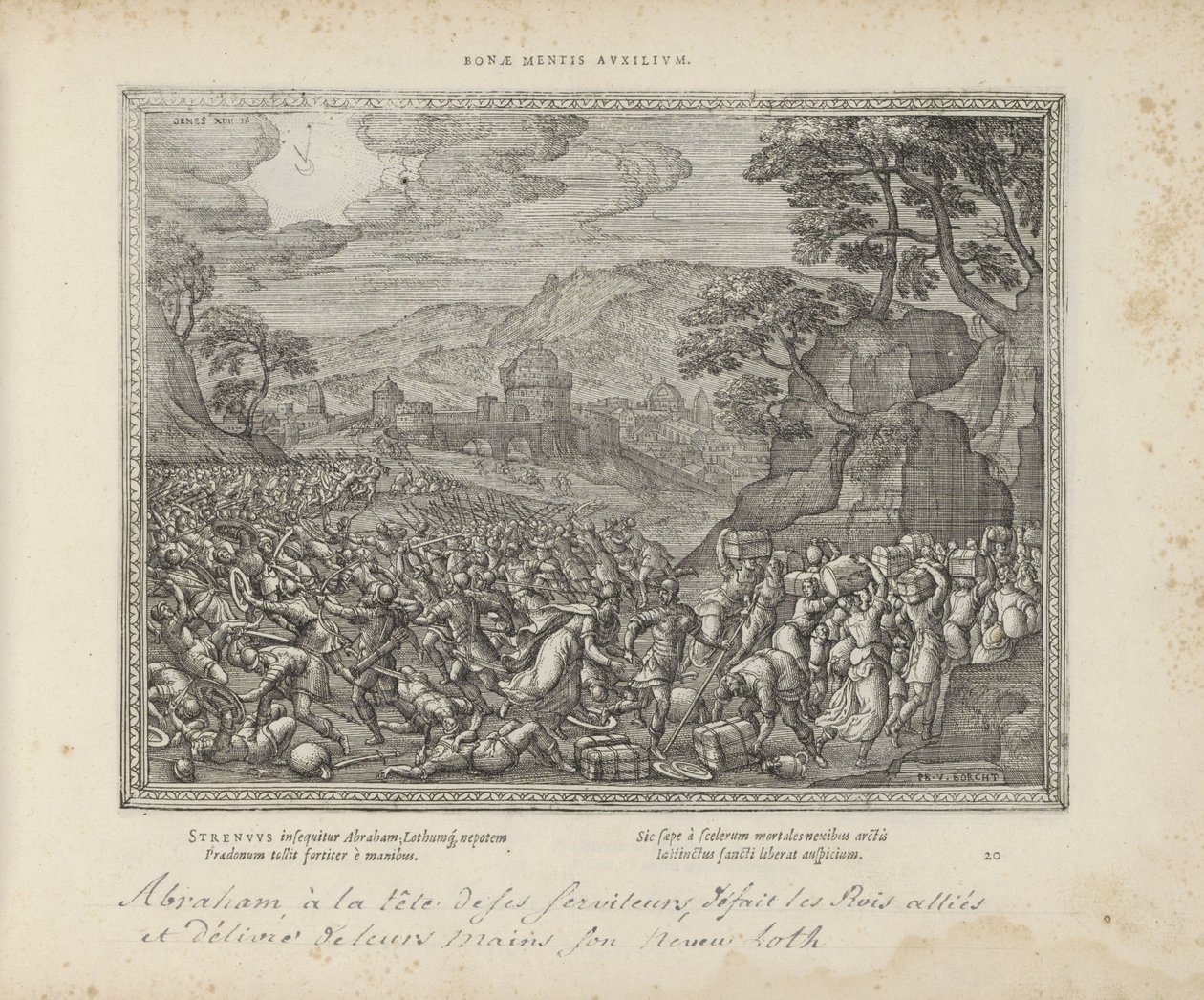 Abraham bevrijdt Lot Pomoc dobrego umysłu (tytuł na obiekcie) Święte herby i główne historie obu testamentów (Oude Testament) (tytuł serii) Zdjęcia i ryciny książek (tytuł serii) autorstwa Pieter van der Borcht (I)