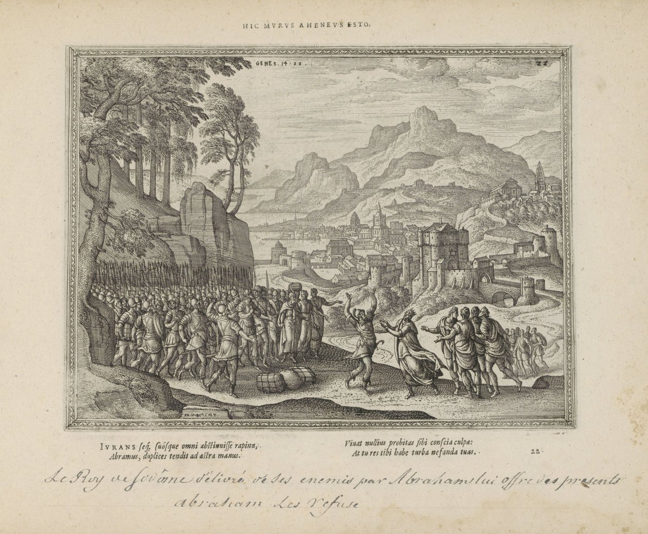 Abraham en de koning van Sodom Bądź tą żelazną ścianą (tytuł na obiekcie) Święte herby i główne historie obu testamentów (Oude Testament) (tytuł serii) Zdjęcia i ryciny książek (tytuł serii) autorstwa Pieter van der Borcht (I)