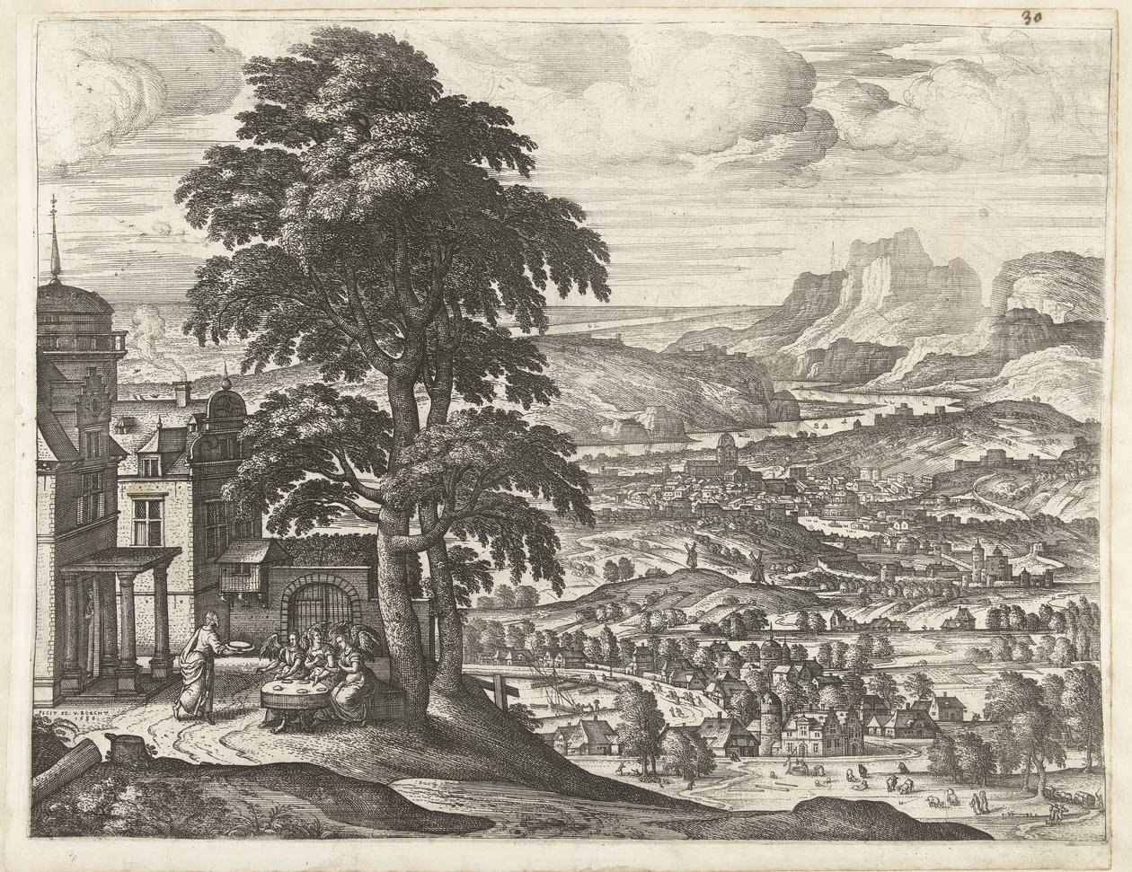 Abraham karmi trzech aniołów Pejzaże z historią Abrahama (tytuł serii) autorstwa Pieter van der Borcht (I)