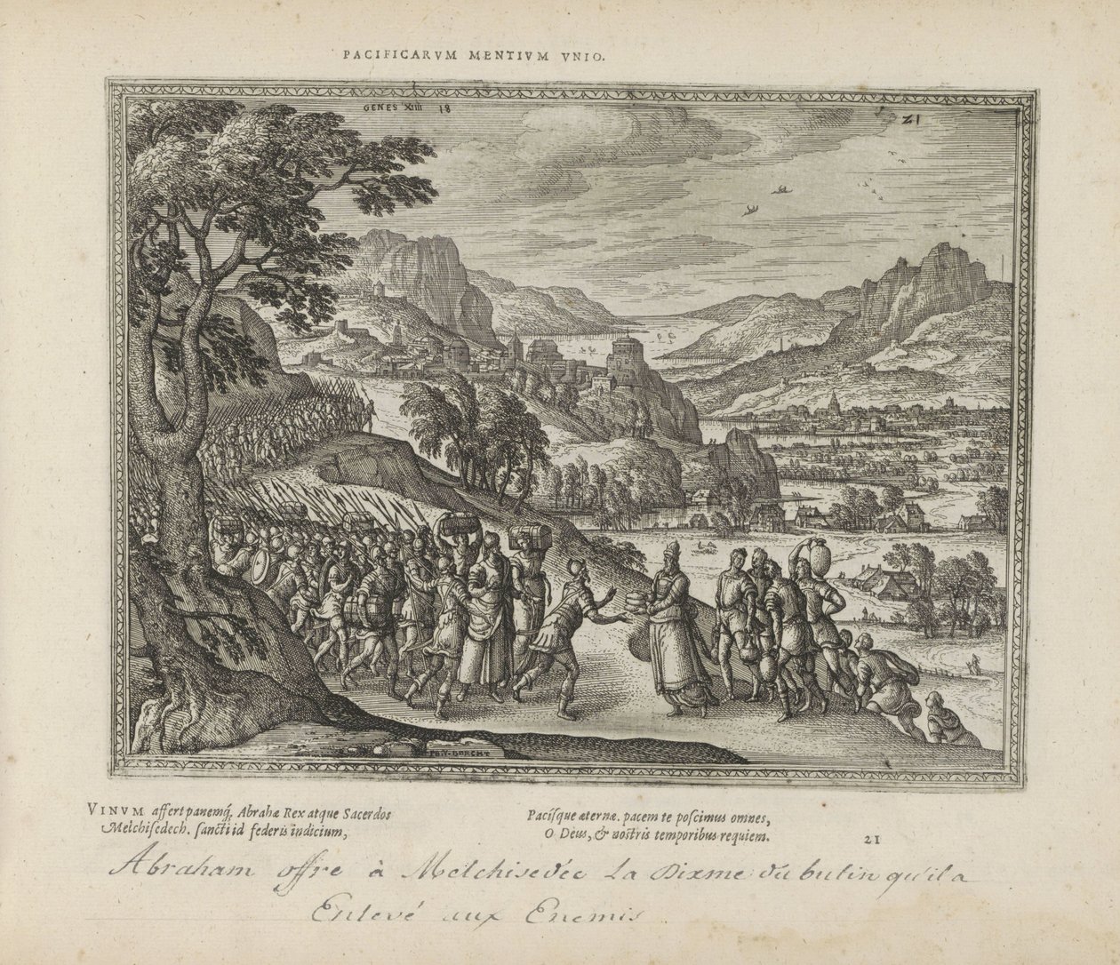 Abraham spotkał Melchizedeka Związek spokojnych umysłów (tytuł na obiekcie) Święte emblematy i główne historie obu testamentów (Oude Testament) (tytuł serii) Zdjęcia i ryciny książek (tytuł serii) autorstwa Pieter van der Borcht (I)