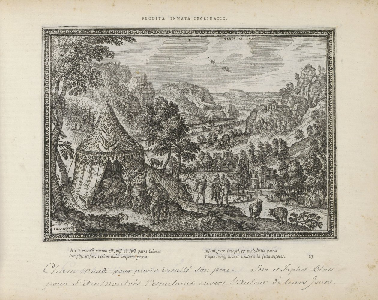 Dronkenschap van Noach Zdradzona skłonność wrodzona (tytuł na obiekcie) Święte emblematy i główne historie obu testamentów (Oude Testament) (tytuł serii) Zdjęcia i ryciny książek (tytuł serii) autorstwa Pieter van der Borcht (I)