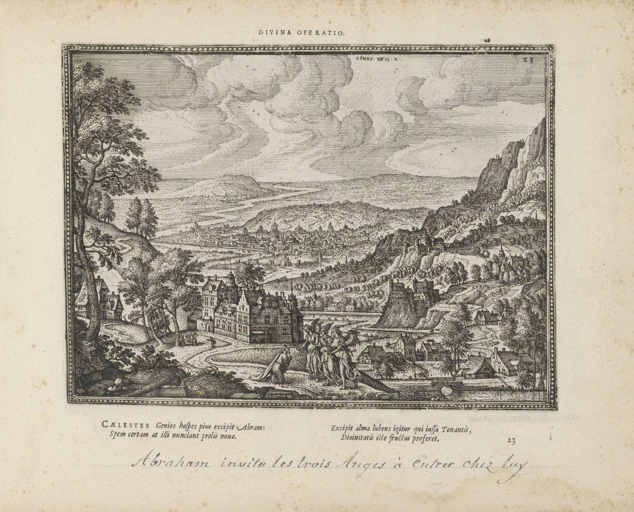 Landschap spotkał Abrahama en de drie engelen Boska operacja (tytuł na obiekcie) Święte herby i główne historie obu testamentów (Oude Testament) (tytuł serii) Zdjęcia i ryciny książek (tytuł serii) autorstwa Pieter van der Borcht (I)