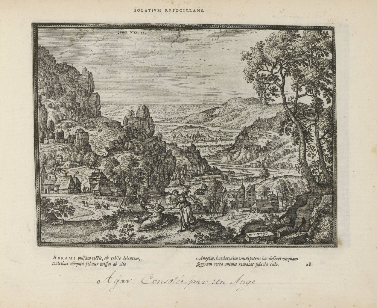 Landschap spotkał Hagar en de engel Odmowa komfortu (tytuł na obiekcie) Święte emblematy i główne historie obu testamentów (Oude Testament) (tytuł serii) Zdjęcia i ryciny książek (tytuł serii) autorstwa Pieter van der Borcht (I)