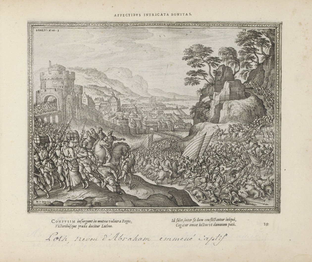 Lot wordt wegvoeder uit Sodom Uczucie splątane dobro (tytuł na przedmiocie) Święte emblematy i główne historie obu testamentów (Oude Testament) (tytuł serii) Zdjęcia i ryciny książek (tytuł serii) autorstwa Pieter van der Borcht (I)