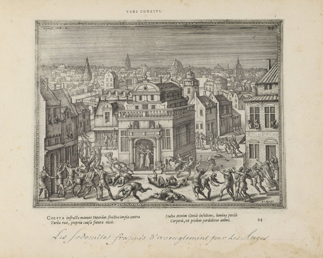Mannen van Sodom spotkał się z blindheid slagen (tytuł na obiekcie) Święte emblematy i główne historie obu testamentów (Oude Testament) (tytuł serii) Zdjęcia i ryciny książek (tytuł serii) autorstwa Pieter van der Borcht (I)