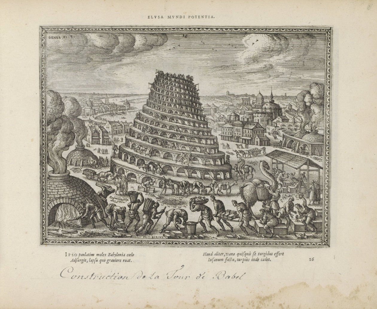 Toren van Babel Elusa mundi potenia (tytuł na obiekcie) Święte emblematy i główne historie obu testamentów (Oude Testament) (tytuł serii) Zdjęcia i ryciny książek (tytuł serii) autorstwa Pieter van der Borcht (I)