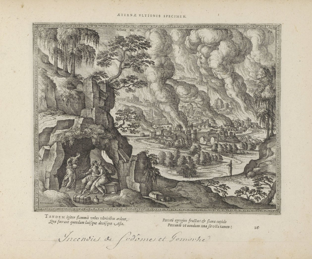 Vernietiging van Sodom en Gomorrah / Lot en zijn dochters Wieczny pomnik sprawiedliwości (tytuł na obiekcie) Święte emblematy i główne historie obu testamentów (Oude Testament) (tytuł serii) Zdjęcia i ryciny książek (tytuł serii) autorstwa Pieter van der Borcht (I)