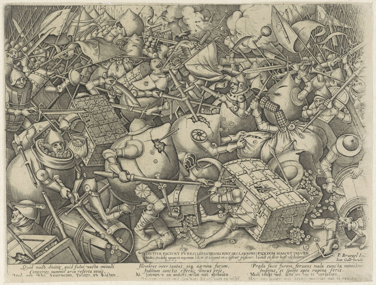 Bitwa między workami z pieniędzmi a skrzyniami z pieniędzmi Divitiae faciunt fures / Les Richesses font des larrons / Ryckdom maeckt thieves (tytuł na obiekcie) autorstwa Pieter van der Heyden