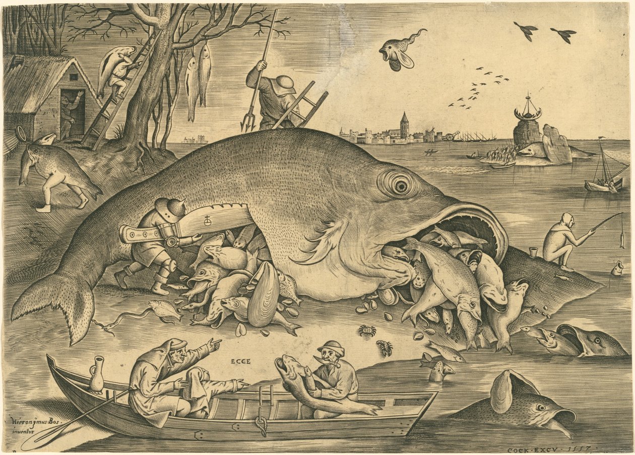 Duża ryba zjada małą rybkę autorstwa Pieter van der Heyden after Pieter Bruegel the Elder