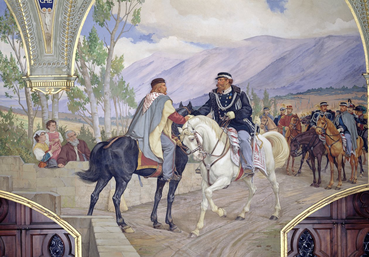 Spotkanie Giuseppe Garibaldiego (1807-82) z królem Vittorio Emanuele II (1820-78) 26 października 1860 w Teano we Włoszech, szczegół dwóch przywódców podających sobie ręce, 1886 (szczegóły autorstwa Pietro Aldi