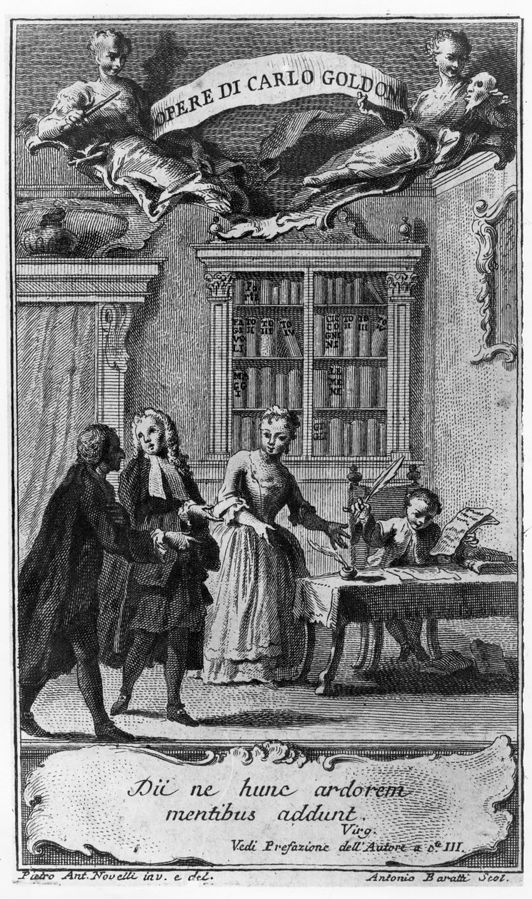 Carlo Goldoni, lat 8, pisze swój pierwszy utwór w obecności matki i opata Bergamasco z „Opere di Carlo Goldoni”, rytego przez Antonio Barattiego, 1761 autorstwa Pietro Novelli