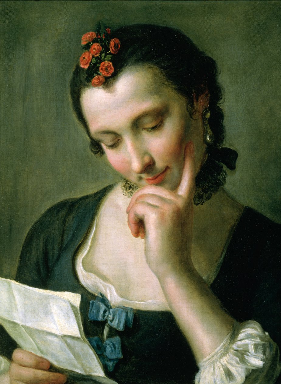 Młoda kobieta czytająca list miłosny autorstwa Pietro Antonio Rotari